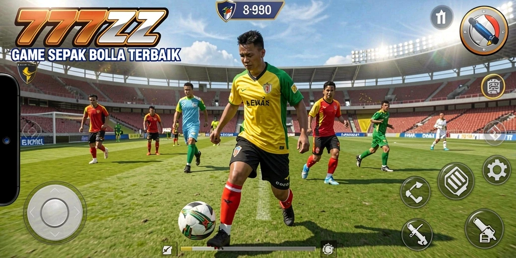 Tampilan gameplay seru dalam 777ZX dengan pemain sepak bola yang bertanding.