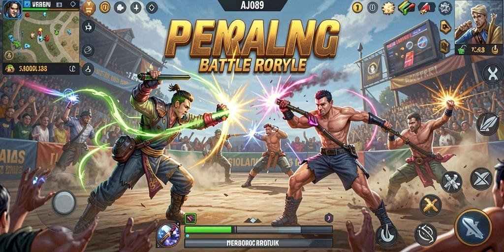 Tampilan AJO89 menampilkan aksi seru pertarungan dalam arena Battle Royale.