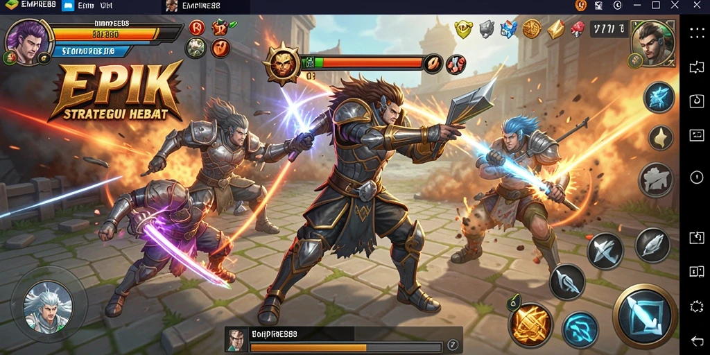Screenshot gameplay EMPIRE88 yang menunjukkan pertarungan intens dan karakter beragam.