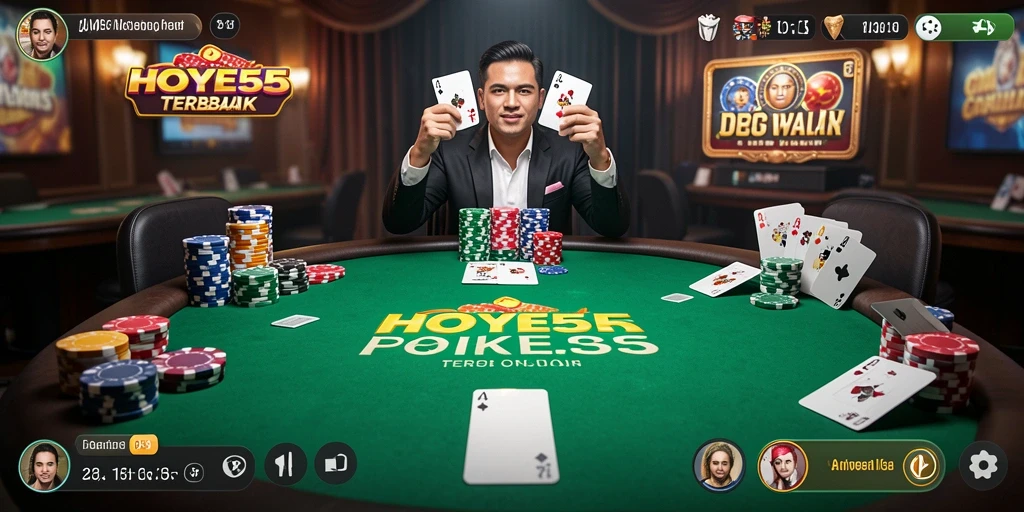 Tampilan menarik gameplay HOYE55 dalam suasana poker yang mendebarkan.