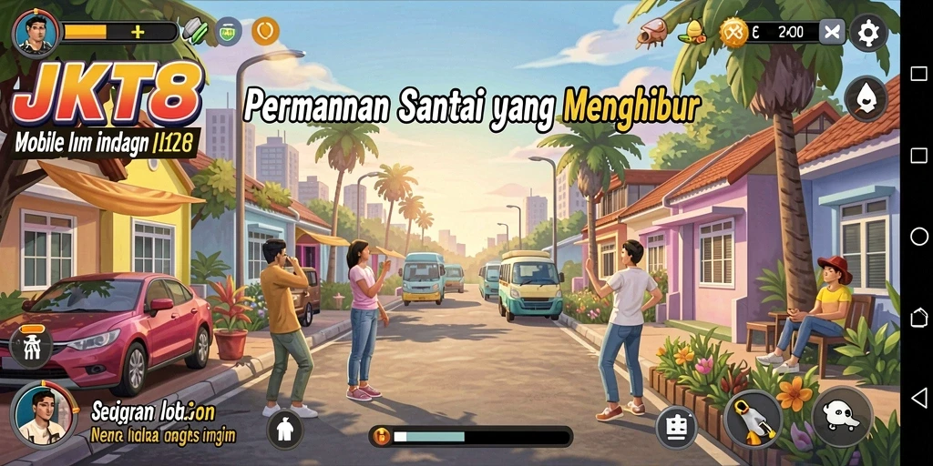 Screenshot gameplay JKT8 menampilkan karakter lucu dan level yang berwarna-warni.