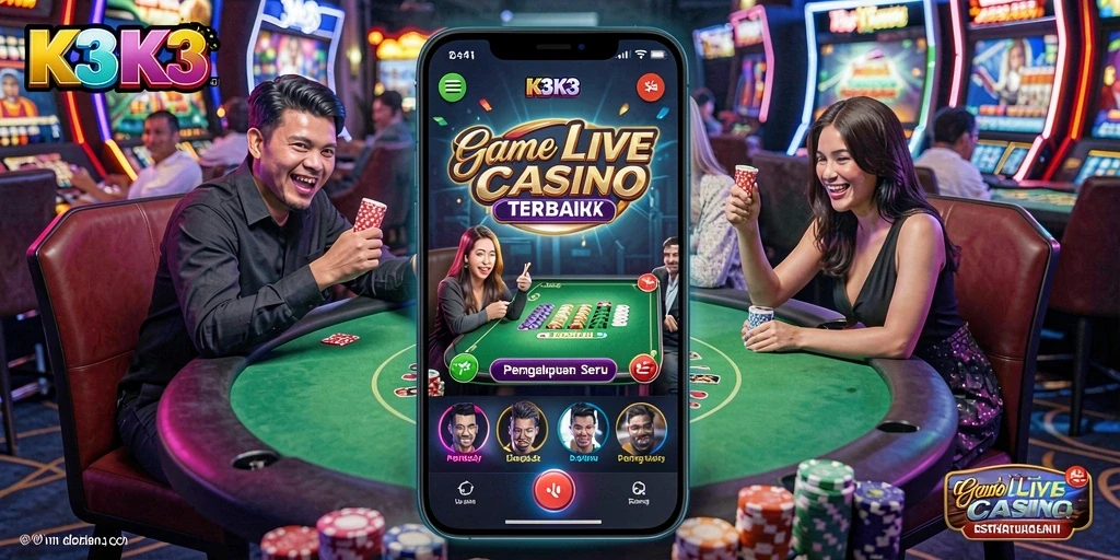 Tampilan gameplay K3K3 dengan dealer langsung dan suasana kasino yang nyata.