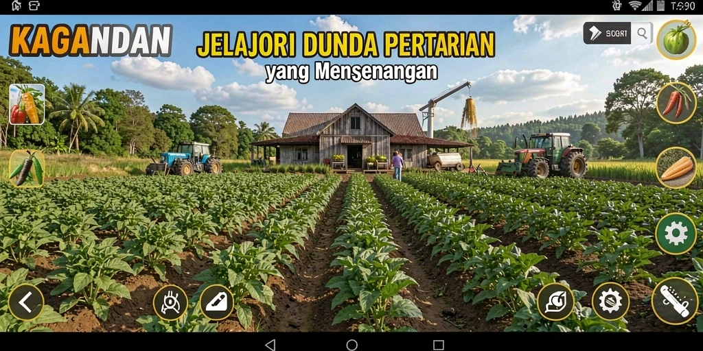 Screenshot gameplay KAGANDAN menampilkan ladang yang subur dengan berbagai tanaman.
