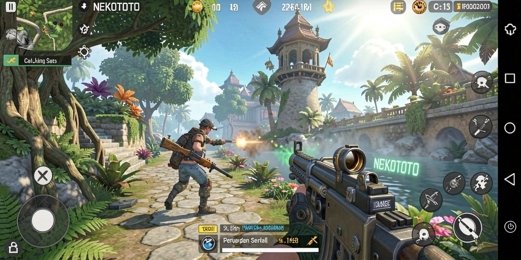 Screenshot gameplay NEKOTOTO menunjukkan aksi pertarungan yang mendebarkan.
