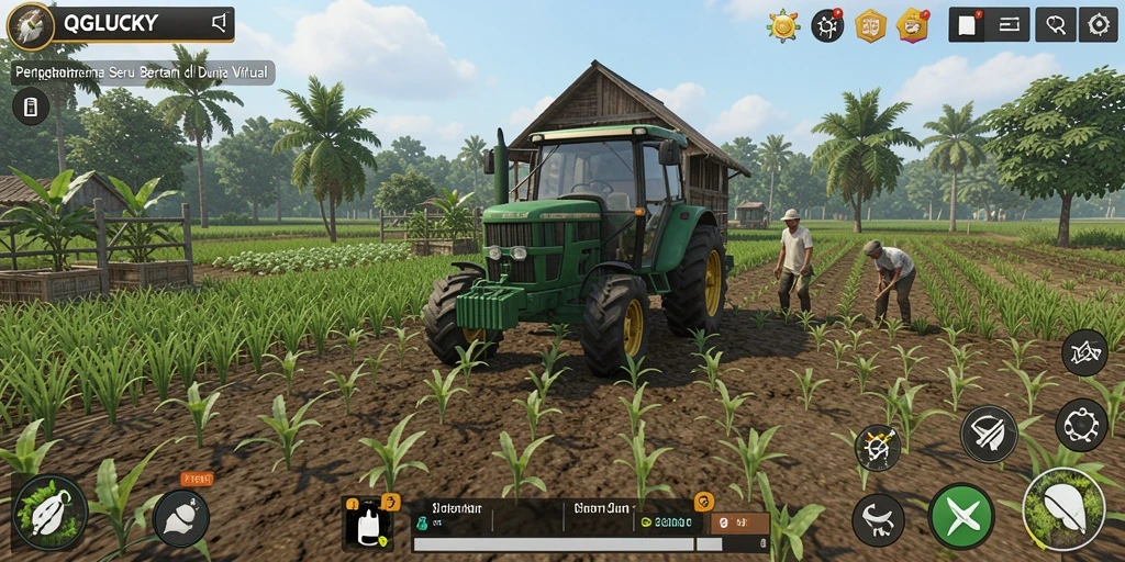 Screenshot gameplay QGLUCKY menampilkan aktivitas bertani yang seru.