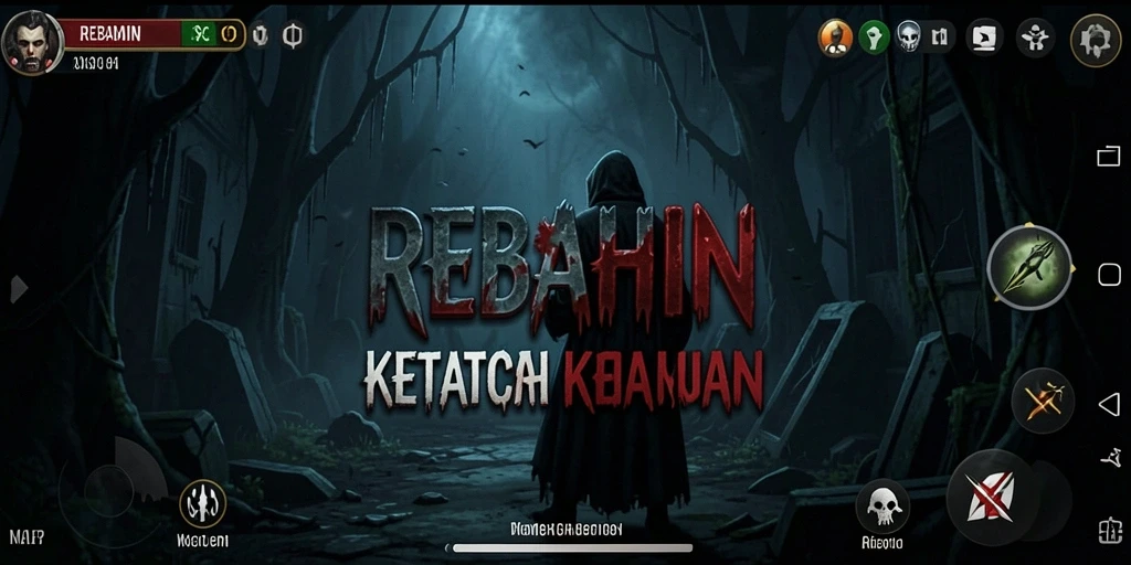 Tampilan gameplay menegangkan REBAHIN dengan suasana seram.