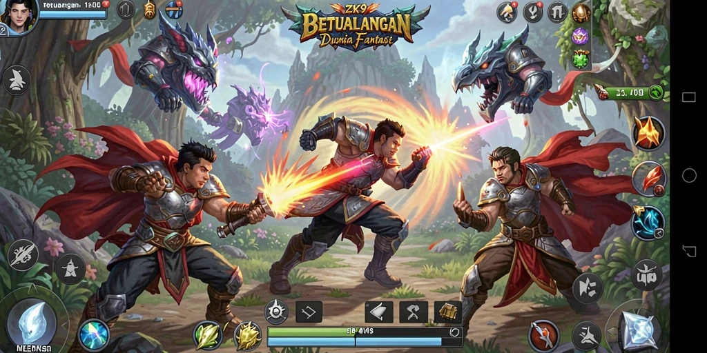 Tampilan gameplay epik dalam ZK9 dengan karakter beraksi melawan monster.